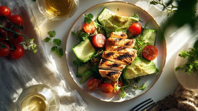 Grilled Chicken Salad with Cherry Tomatoes and Avocado on White Plate in Natural Light