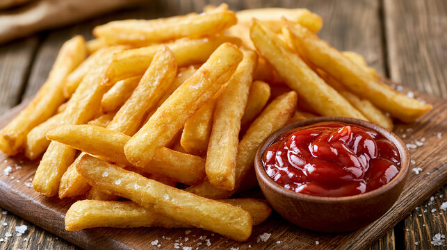 Knusprige goldbraune Pommes frites mit Ketchup &ndash; appetitliche Fast Food Nahaufnahme auf Holzbrett