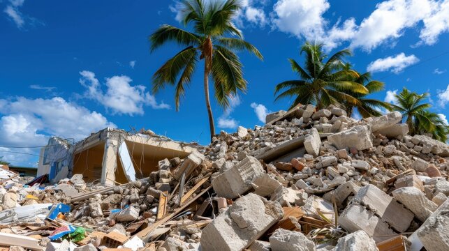 Ruined building debris under bright blue sky with palm trees in tropical landscape after a natural disaster or construction collapse
