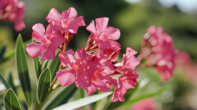 Closeup of vibrant pink oleander flowers blooming in sunlight.