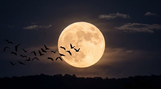 Eerie Halloween night scene featuring a glowing full moon casting its light over a flock of bats taking flight against the dark sky, perfect for a spooky autumn celebration