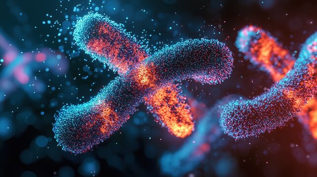 Scientific illustration of dramatically shortened telomeres on aging chromosomes caused by progeria, fraying glowing chromosome tips dissolving into particles