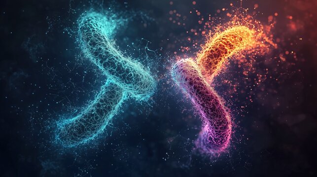 Scientific illustration of dramatically shortened telomeres on aging chromosomes caused by progeria, fraying glowing chromosome tips dissolving into particles