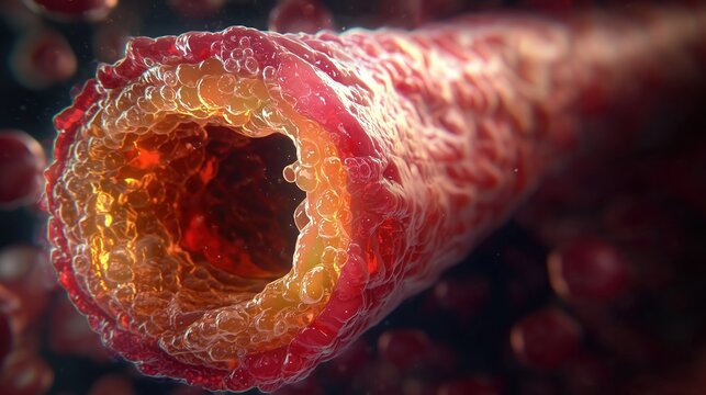 3D cross-section render of human artery severely damaged by progeria accelerated aging, perfectly cut cylindrical vessel revealing layered internal wall structure