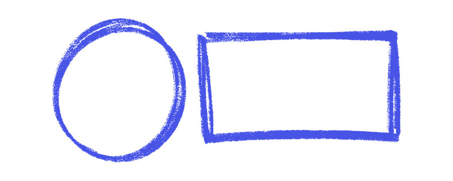 Blue circle and square frames in hand drawn crayon style. Creative chalk doodle geometric elements with rough texture for modern graphic design projects.