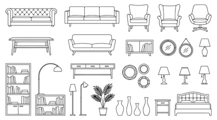 Collection of furniture and home decor line icons, featuring various sofas, chairs, tables, lamps, bookshelves, and plants © S.Siam