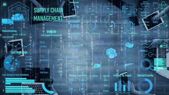 Supply chain management interface showing delivery routes, warehouse efficiency, cost savings, vehicle tracking, procurement ROI, and contract stages. Futuristic supply chain monitoring system. Thunk