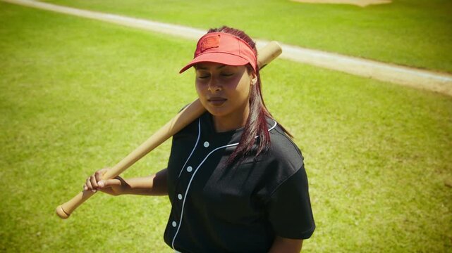 Female baseball player on the field, bat resting on her shoulder. She exudes focus, readiness, and determination, prepared to hit a home run.