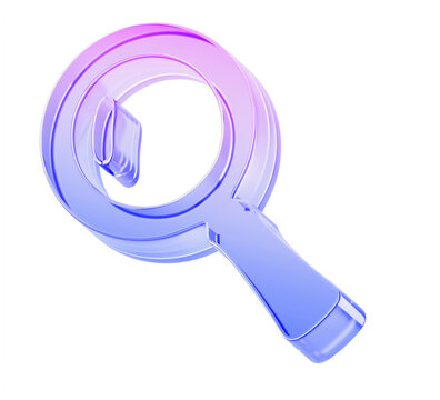 3d crystal holographic magnifying glass icon render. Iridescent transparent magnify with blue purple neon gradient for search and focus concept. Magnify loupe tool isolated on white