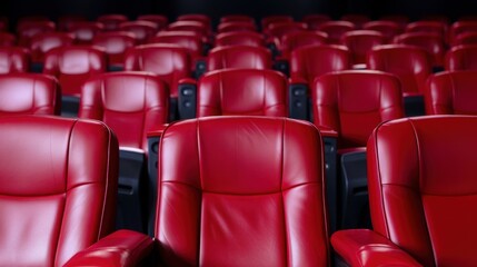 Fototapeta premium Empty rows of luxurious red leather theater seats in a darkened cinema environment awaiting moviegoers to enjoy a film experience