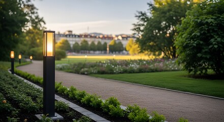Naklejka premium Path Through a Lush Garden with Modern Lampposts Leading Towards Distant Buildings