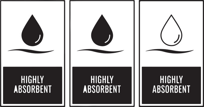 Three panels illustrating highly absorbent material with water drops and wavy lines, indicating superior liquid absorption for hygiene products, medical supplies, or cleaning cloths.