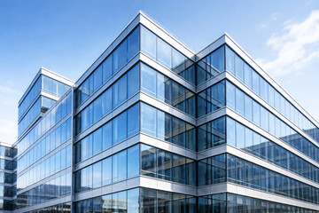 Obraz premium Office building glass facade with blue sky reflection for modern architecture and corporate business district exterior.