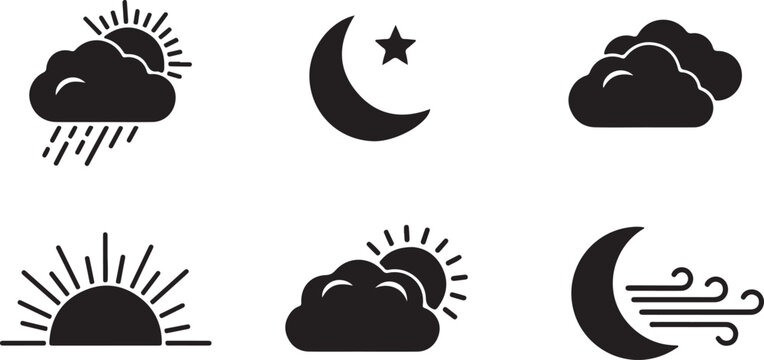Set of six weather icons in black silhouette: sun behind rain clouds, crescent moon with star, fluffy clouds, sunrise, sun behind clouds, and windy crescent moon.