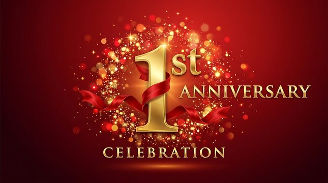 First anniversary celebration logo with gold text and red ribbons on dark red background