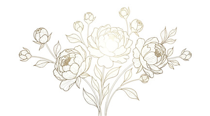 Elegant bouquet of blooming peony flowers, gold line art illustration © Saharia
