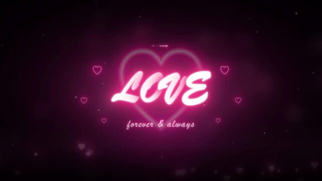 Glowing pink neon LOVE script text on dark background for romantic Valentine theme