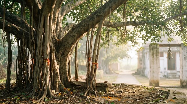 Spiritual Background for Savitri Brata Featuring a Sacred Banyan Tree with Ethereal Golden Sunlight Filtering Through Lush Green Leaves and Roots