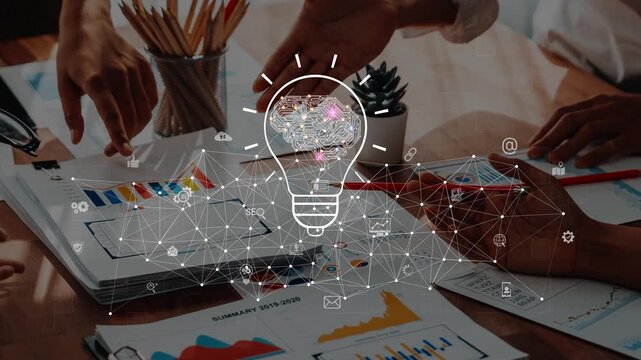 Diverse team engaging in a collaborative meeting, generating innovative ideas through data analysis and strategic planning with visual digital elements illustrating progress. Raster