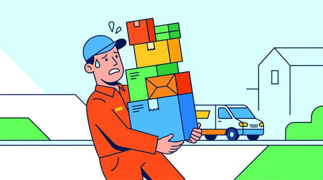 A delivery man carrying heavy boxes.