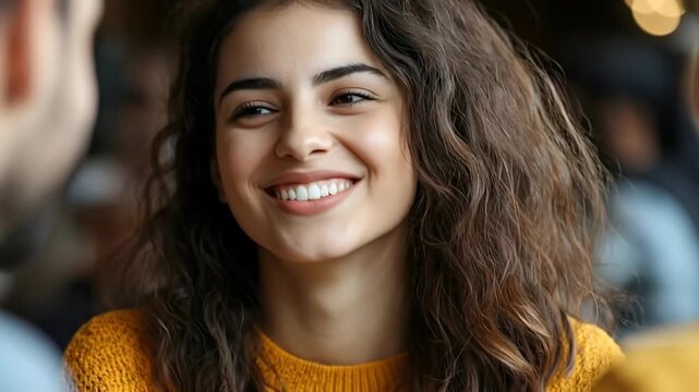 Joyful woman smiling warmly in a cozy cafe setting