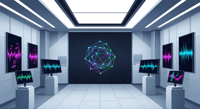 Modern art gallery displaying abstract digital projections and sound wave visualizations on screens