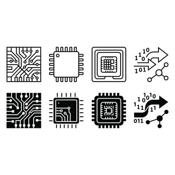 Collection of circuit board and microchip icons with binary code