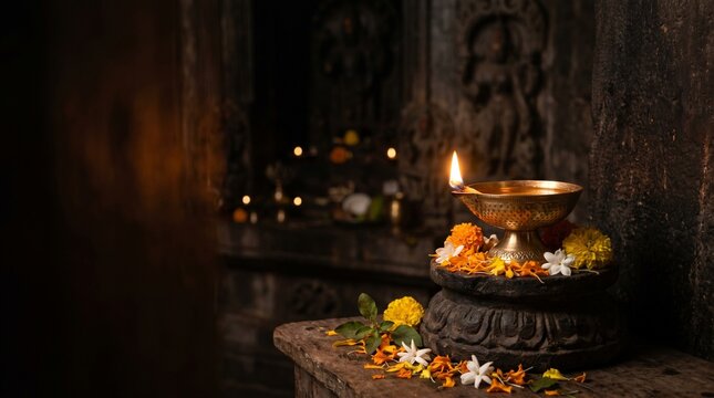 Spiritual Yogini Ekadashi Background Featuring a Glowing Diya with Soft Light and Dramatic Shadows on a Dark Minimalist Backdrop