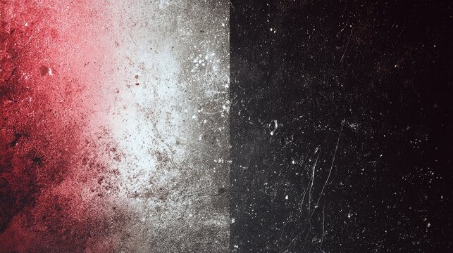 Horizontal textured abstract background with dramatic color transition, bright diffused red light on the left blending into speckled dark gray, deep black on the right with scratched grain pattern