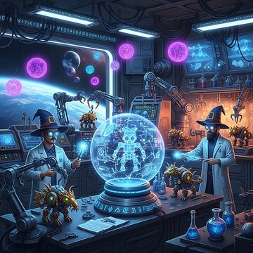 Two scientists in wizard hats and lab coats manipulate holographic projections in a futuristic, sci-fi lab with robot animals