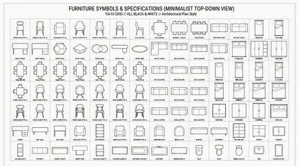 Architectural furniture symbols set minimalist topdown plan view © S.Siam