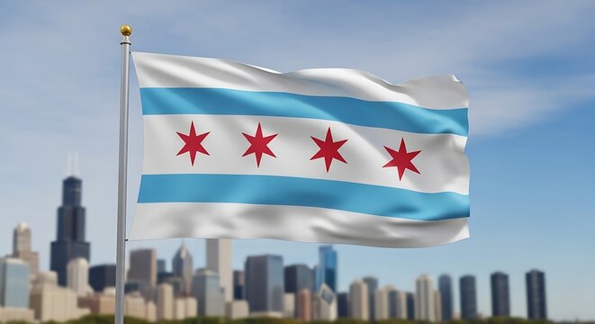 Chicago city flag waving in the wind with modern skyline background