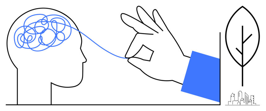 Mental clarity, wellness, therapy, problem-solving, focus, human connection. A hand untangles a string from a head near a leaf and urban outline. Mental clarity and wellness visual concept