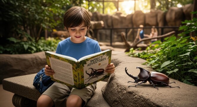 Curious Young Child Reading Insect Book Beside Large Beetle in Lush Zoo Exhibit