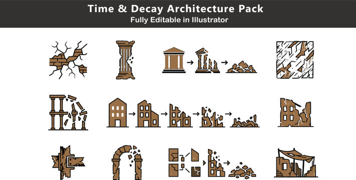 Time decay architecture vector icons set, erosion structures, ruins, aging buildings, cracked facades, weathered surfaces, transformation stages CAD design