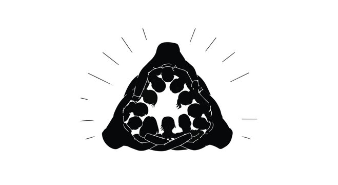 Diverse hands form a triangle protecting a group of people, symbolizing unity and community support.