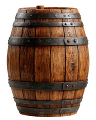 Obraz premium Rustic Wooden Barrel Isolated on Transparent Background, Vintage Oak Cask with Metal Hoops and Natural Wood Grain Texture PNG