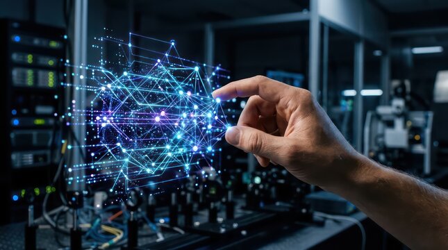 Hand Using Holographic Network Interface in Quantum Computing Laboratory for AI Research Data Technology