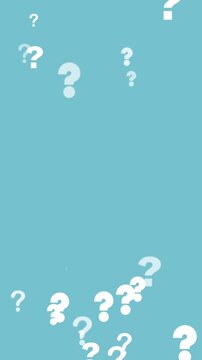 White question marks loop animation on a light blue background. Seamless abstract background perfect for concepts of uncertainty, FAQ, searching for answers, and mystery