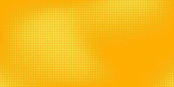 Yellow halftone pattern. Retro comic gradient background. Bright orange pixelated dotted texture overlay. Cartoon pop art faded gradient pattern. Vector backdrop for poster, banner, advertisement