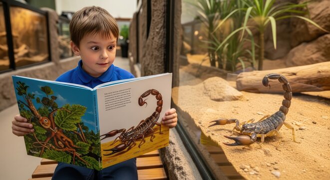 Curious Young Boy Reading Scorpion Book Beside Terrarium in Zoo Exhibit