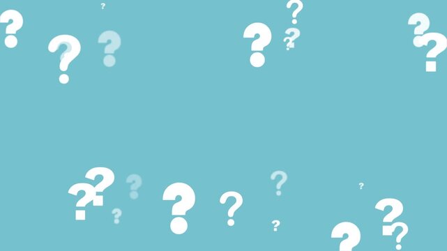 White question marks loop animation on a light blue background. Seamless abstract background perfect for concepts of uncertainty, FAQ, searching for answers, and mystery