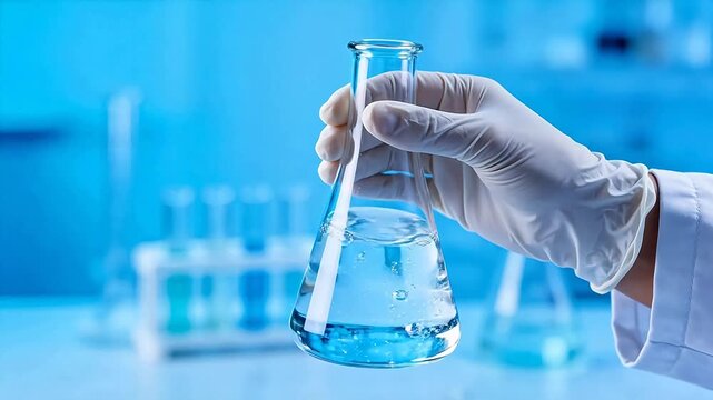 Hand holding flask with liquid in lab