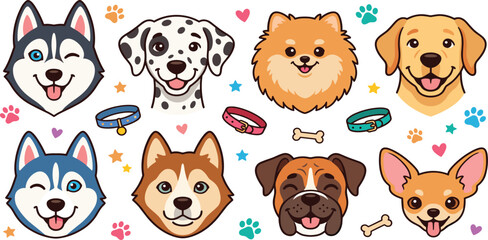 Cute dog breed faces collection with husky dalmatian pomeranian labrador boxer and chihuahua vector illustration set © MST HASMOTARA