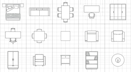 Set of furniture icons for floor plan, top view of interior design elements © S.Siam