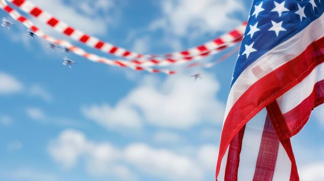 American Flag with Red and White Streamers Against Blue Sky and White Clouds