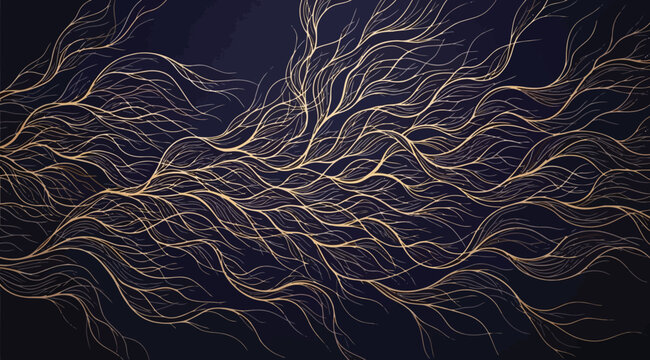 Abstract golden flowing lines on dark blue background