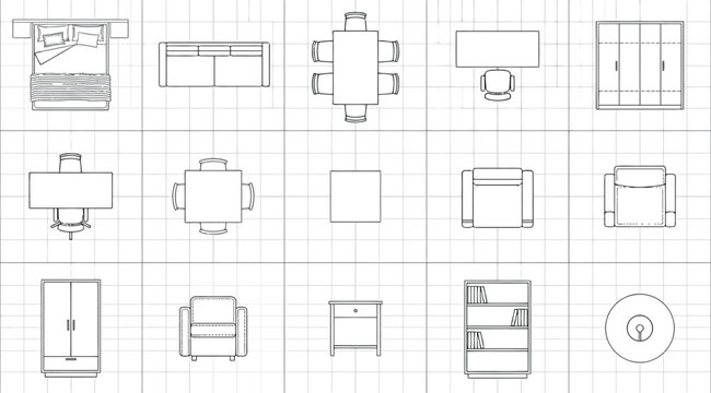 Set of furniture icons for floor plan, top view of interior design elements