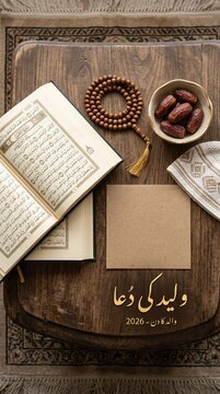 Islamic father's day 2026 Urdu quote Walid ki Dua Quran dates prayer cap flat lay card mockup for Instagram story