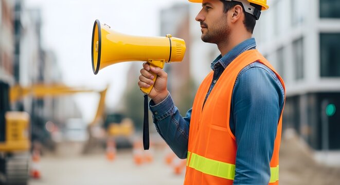 Construction Worker in Orange Safety Vest Communicating with Megaphone on Site